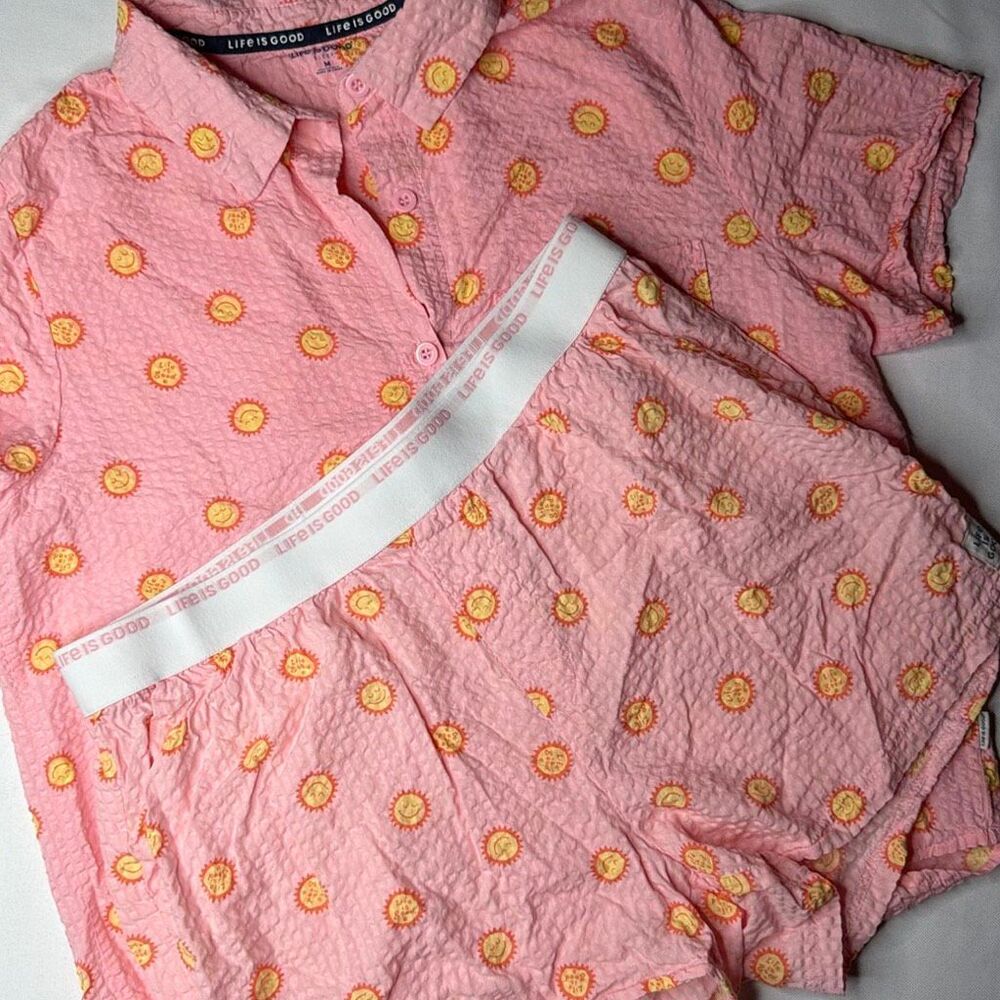 Life is good Shorts Pajama Set Medium pink yellow suns